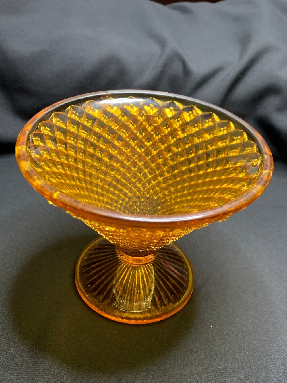 Vintage Indiana Glass Diamond Point Amber Pedestal Compote Candy Dish